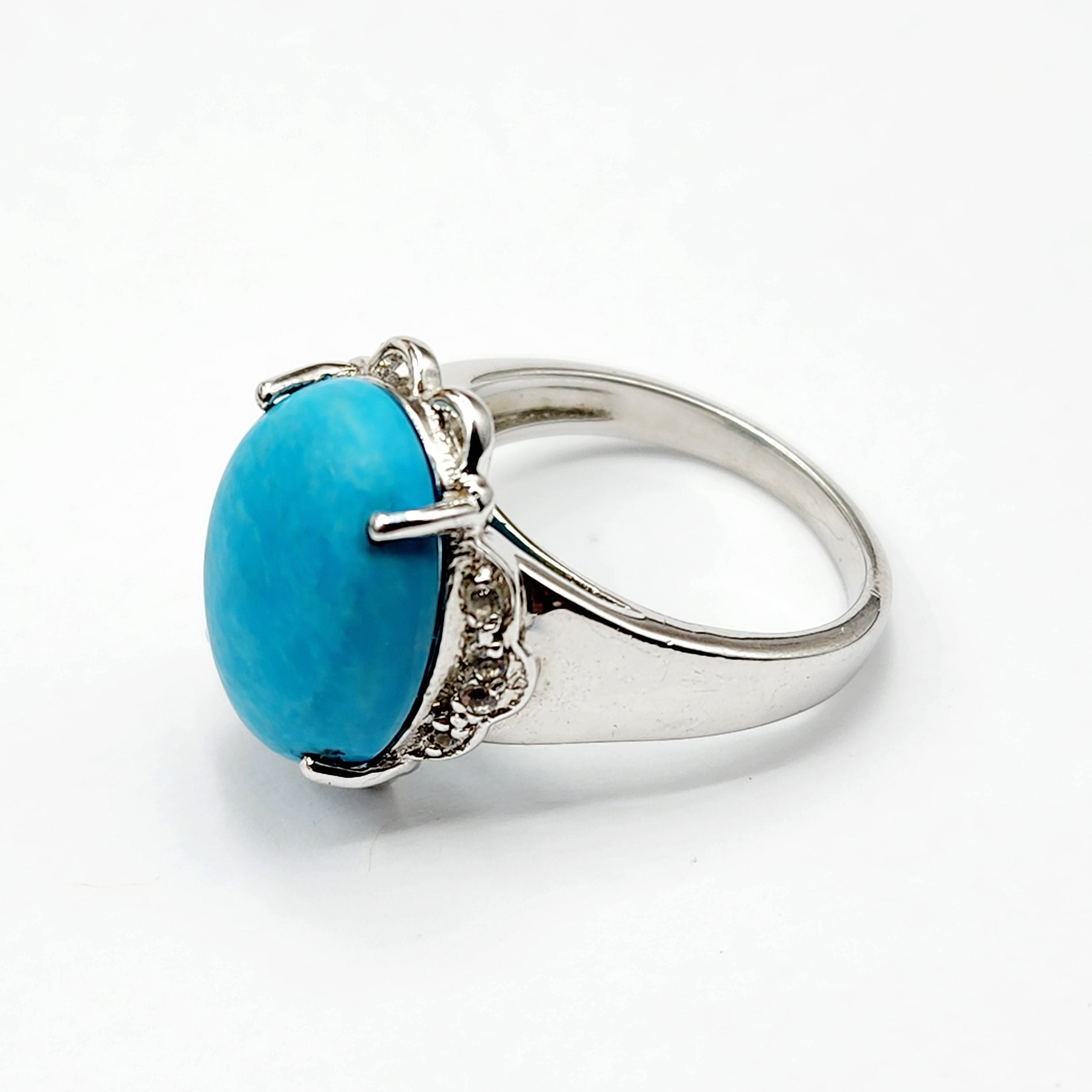 Sterling Silver Turquoise Ring, 925 Silver Genuine Turquoise with White Topaz Ring, Blue Gemstone Big Ring For Gift