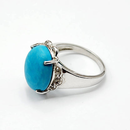 Sterling Silver Turquoise Ring, 925 Silver Genuine Turquoise with White Topaz Ring, Blue Gemstone Big Ring For Gift