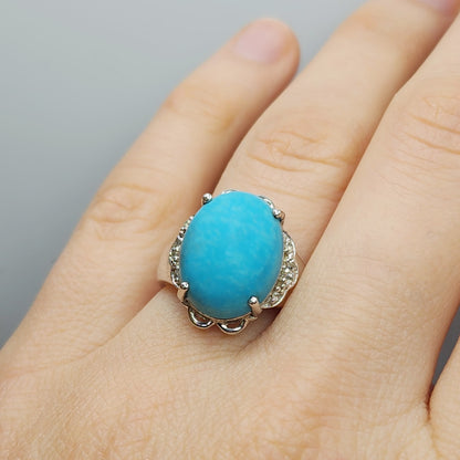 Sterling Silver Turquoise Ring, 925 Silver Genuine Turquoise with White Topaz Ring, Blue Gemstone Big Ring For Gift