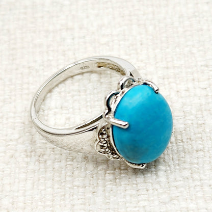 Sterling Silver Turquoise Ring, 925 Silver Genuine Turquoise with White Topaz Ring, Blue Gemstone Big Ring For Gift