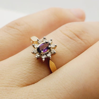 Gold Genuine Amethyst Ring, 10K Amethyst and Diamond Ring, Statement Ring, Birthstone Ring, Gift Rings For Women, Purple Ring for Gift