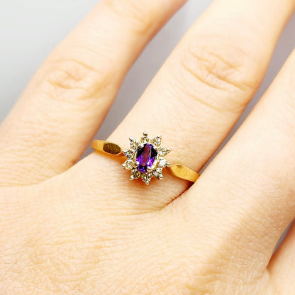 Gold Genuine Amethyst Ring, 10K Amethyst and Diamond Ring, Statement Ring, Birthstone Ring, Gift Rings For Women, Purple Ring for Gift