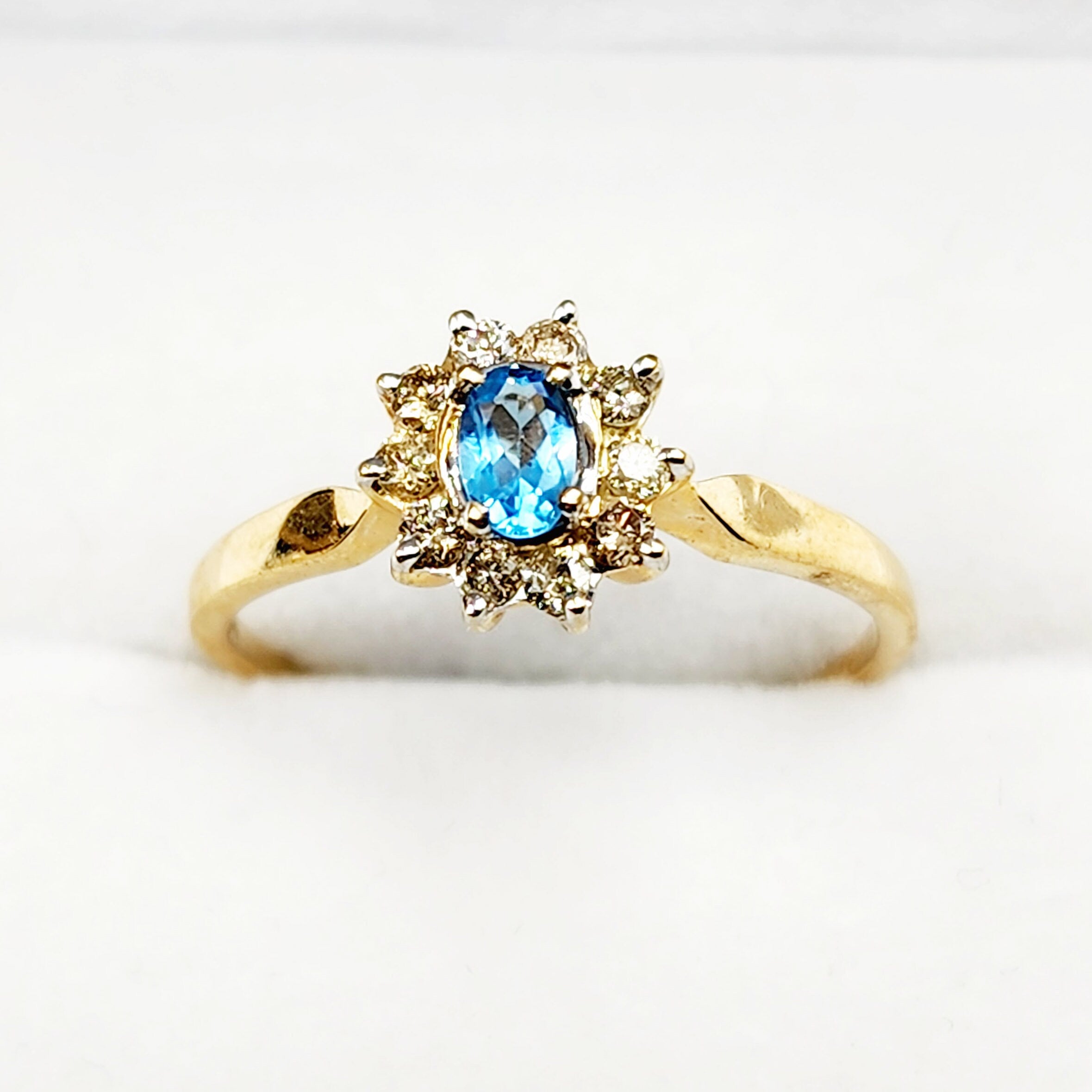 Gold Blue Topaz Ring, 10K Yellow Gold Blue Topaz 4x3mm and Diamond Ring, Rings For Women, December Birthstone Ring, Blue Gemstone Ring