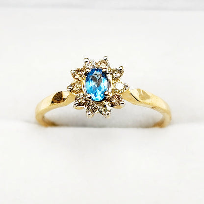 Gold Blue Topaz Ring, 10K Yellow Gold Blue Topaz 4x3mm and Diamond Ring, Rings For Women, December Birthstone Ring, Blue Gemstone Ring