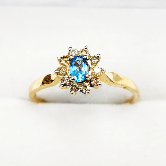 Gold Blue Topaz Ring, 10K Yellow Gold Blue Topaz 4x3mm and Diamond Ring, Rings For Women, December Birthstone Ring, Blue Gemstone Ring