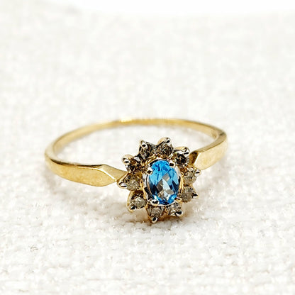 Gold Blue Topaz Ring, 10K Yellow Gold Blue Topaz 4x3mm and Diamond Ring, Rings For Women, December Birthstone Ring, Blue Gemstone Ring