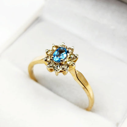 Gold Blue Topaz Ring, 10K Yellow Gold Blue Topaz 4x3mm and Diamond Ring, Rings For Women, December Birthstone Ring, Blue Gemstone Ring
