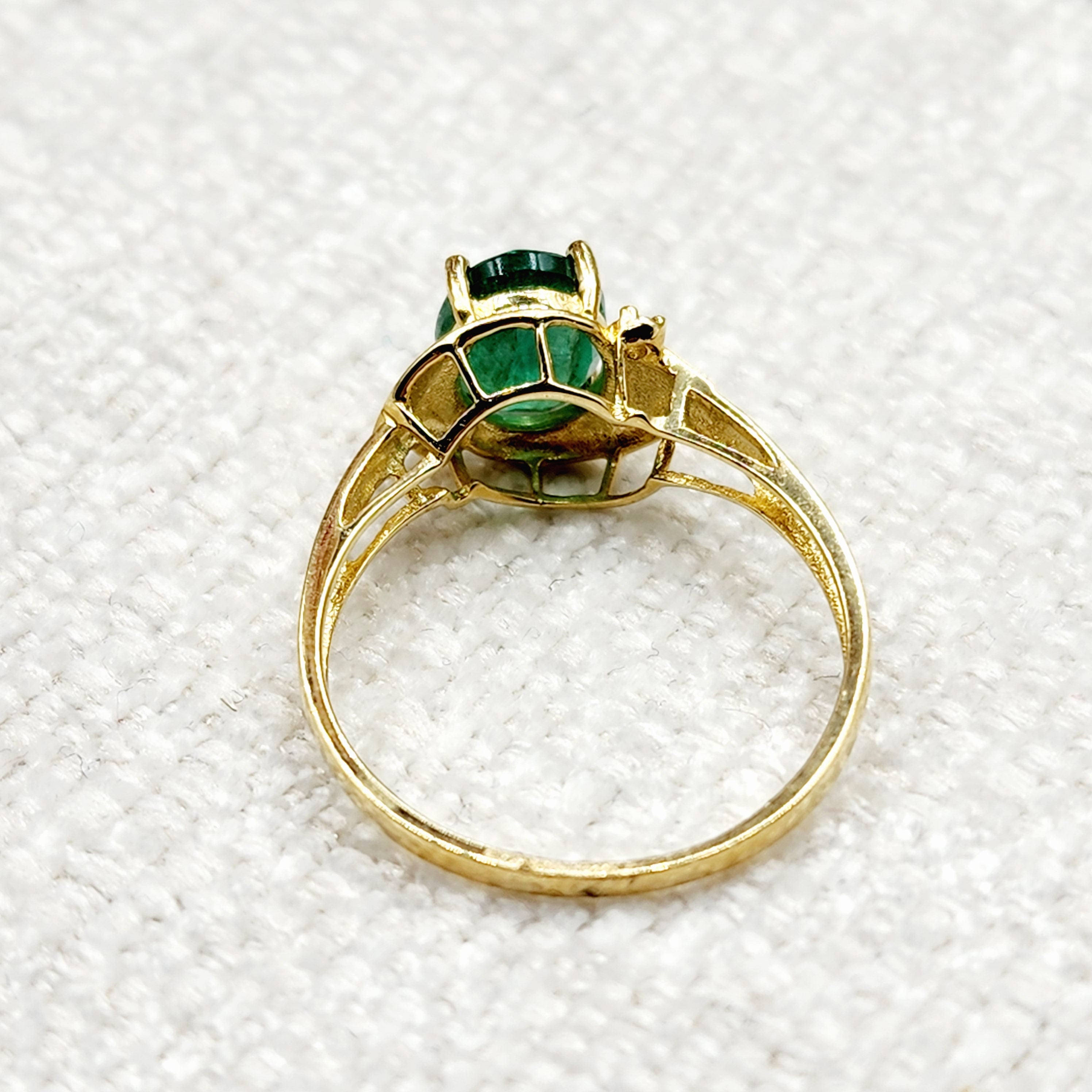 Gold Natural Emerald Ring , 10K Yellow Gold Natural Emerald 8x6mm Ring with Diamonds, May Birthstone, Emerald Jewelry, Green Gemstone Ring