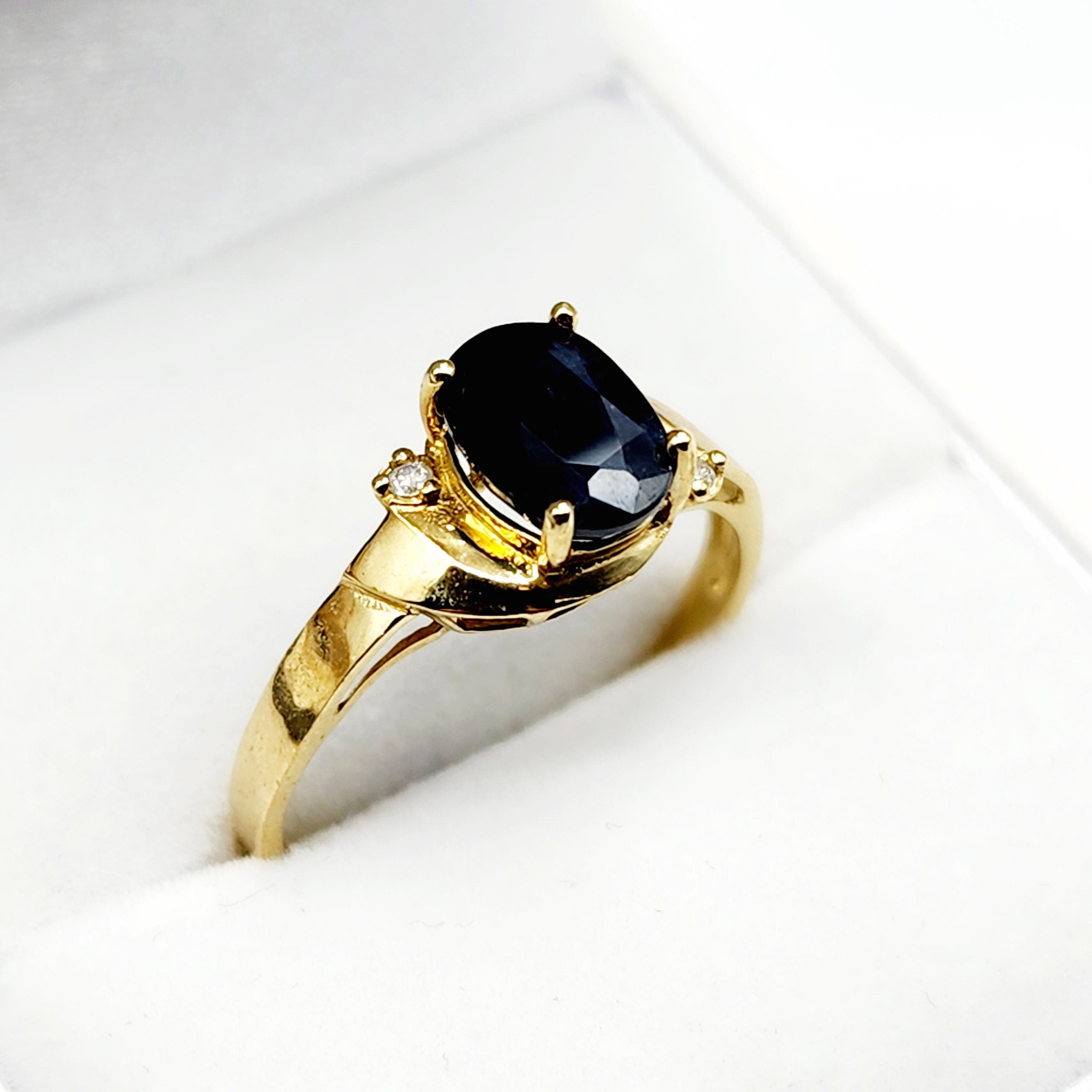 Gold Blue Sapphire Ring, 10K Yellow Gold Natural Blue Sapphire 8x6mm with Diamonds Ring, September Birthstone Gift For Women