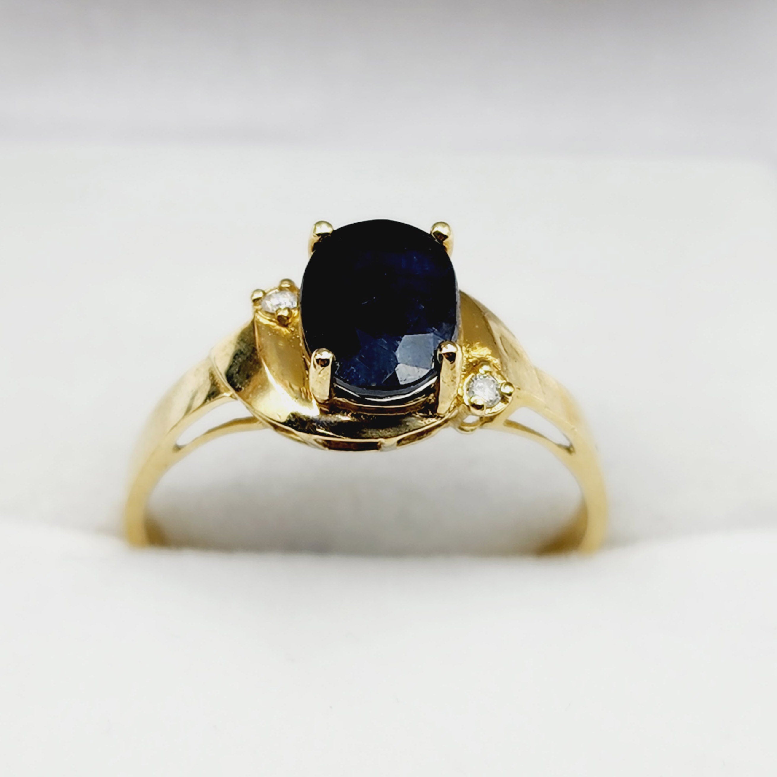 Gold Blue Sapphire Ring, 10K Yellow Gold Natural Blue Sapphire 8x6mm with Diamonds Ring, September Birthstone Gift For Women