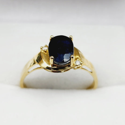 Gold Blue Sapphire Ring, 10K Yellow Gold Natural Blue Sapphire 8x6mm with Diamonds Ring, September Birthstone Gift For Women