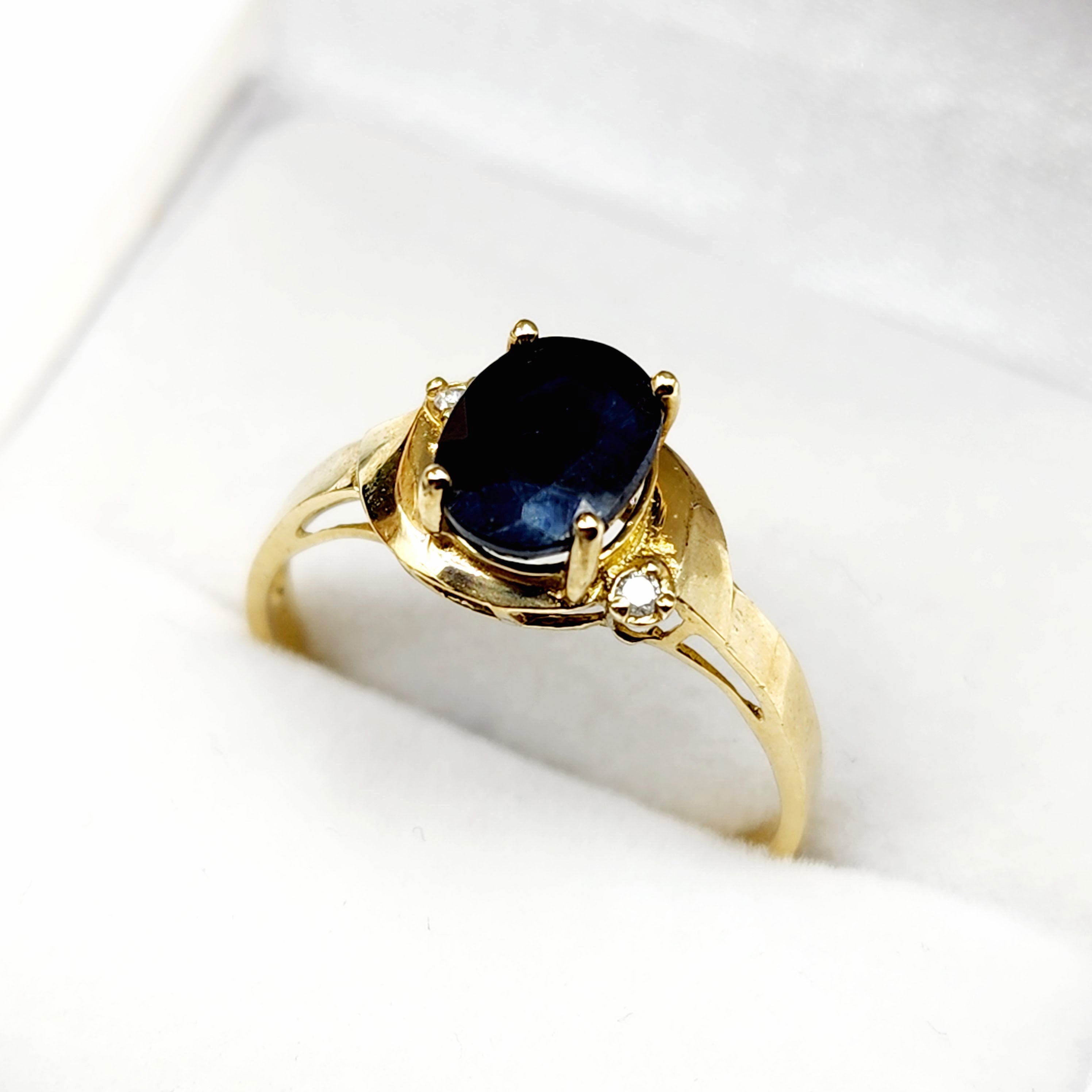 Gold Blue Sapphire Ring, 10K Yellow Gold Natural Blue Sapphire 8x6mm with Diamonds Ring, September Birthstone Gift For Women