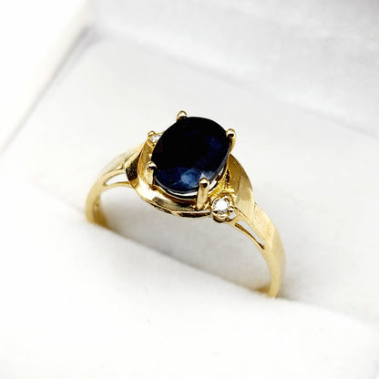 Gold Blue Sapphire Ring, 10K Yellow Gold Natural Blue Sapphire 8x6mm with Diamonds Ring, September Birthstone Gift For Women
