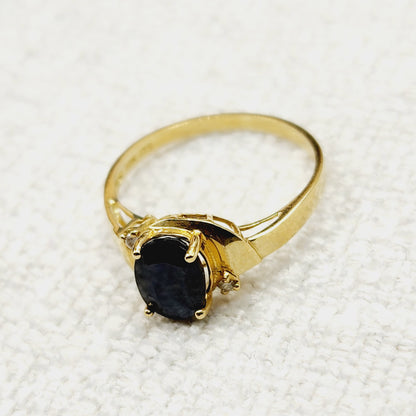 Gold Blue Sapphire Ring, 10K Yellow Gold Natural Blue Sapphire 8x6mm with Diamonds Ring, September Birthstone Gift For Women