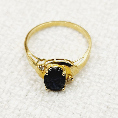 Gold Blue Sapphire Ring, 10K Yellow Gold Natural Blue Sapphire 8x6mm with Diamonds Ring, September Birthstone Gift For Women