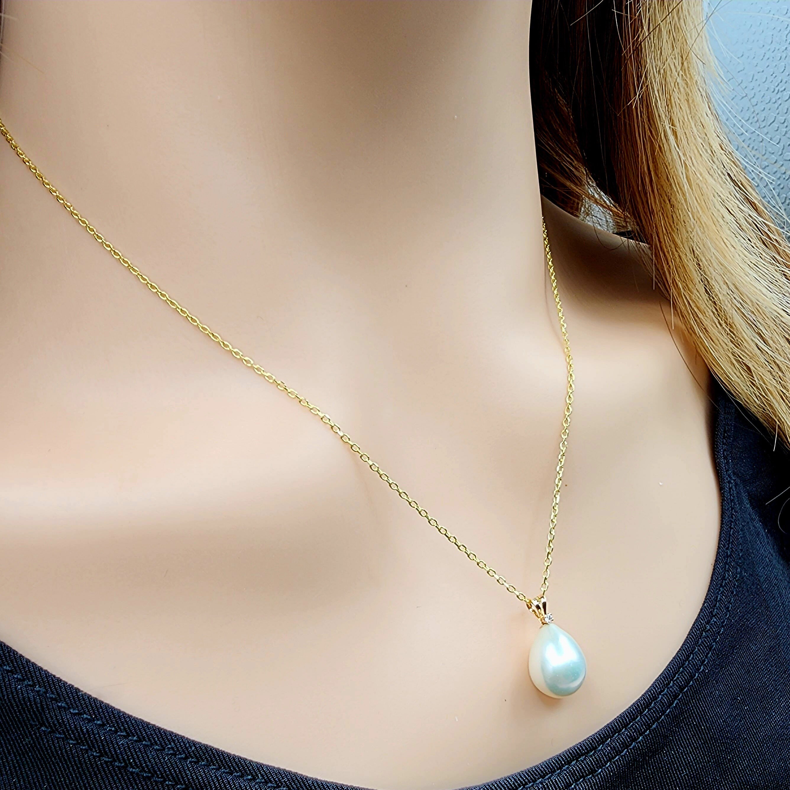 Gold Pearl Pendant Necklace, 14K Gold Fresh Water Pearl and Diamond Pendant, June Birthstone, Necklace for Wedding, Pendant For Her