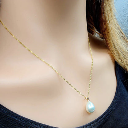 Gold Pearl Pendant Necklace, 14K Gold Fresh Water Pearl and Diamond Pendant, June Birthstone, Necklace for Wedding, Pendant For Her
