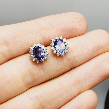 14K White Gold Tanzanite 2cts with Diamonds Stud Earrings for Women Gift For Wife Brides Mom Earrings
