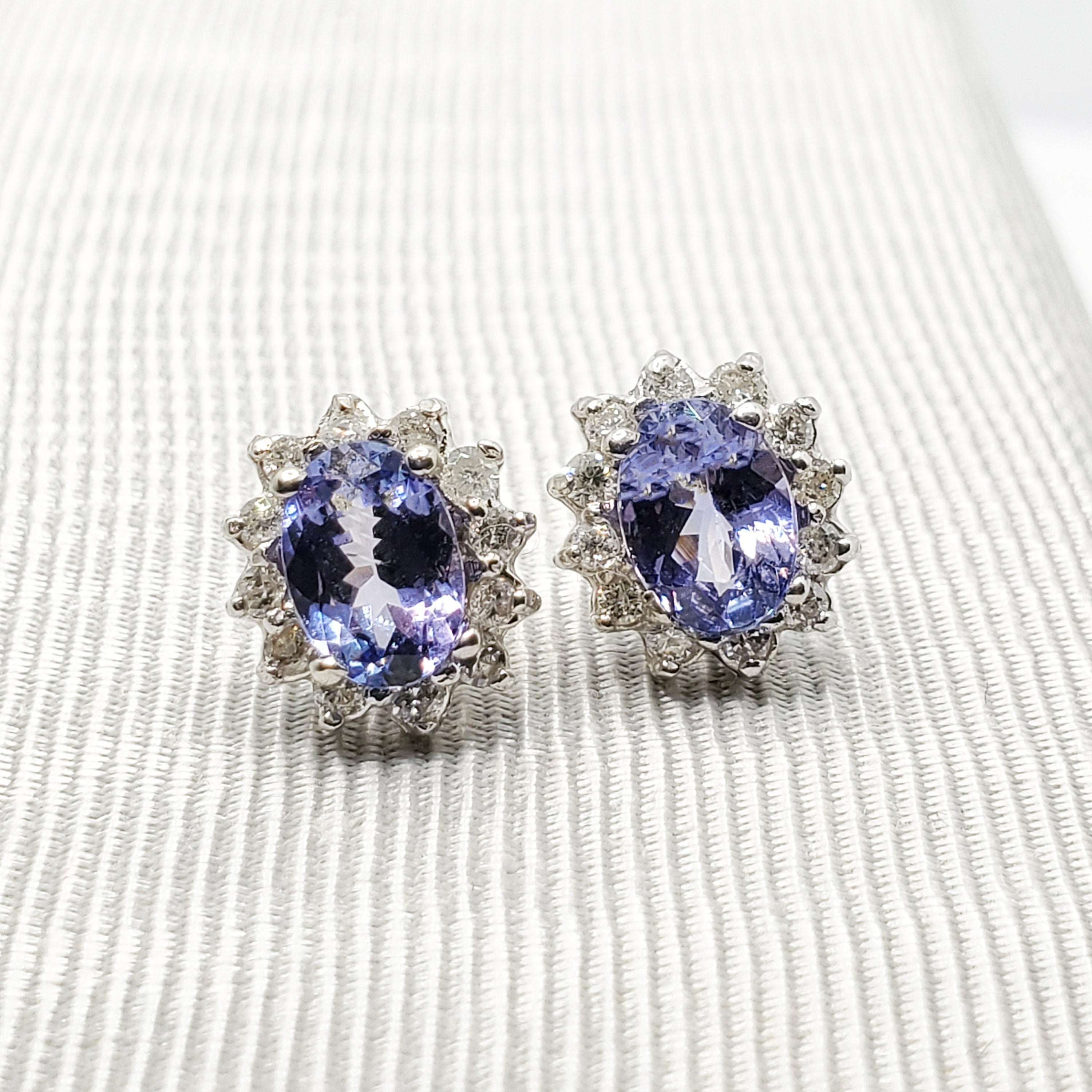 14K White Gold Tanzanite 2cts with Diamonds Stud Earrings for Women Gift For Wife Brides Mom Earrings