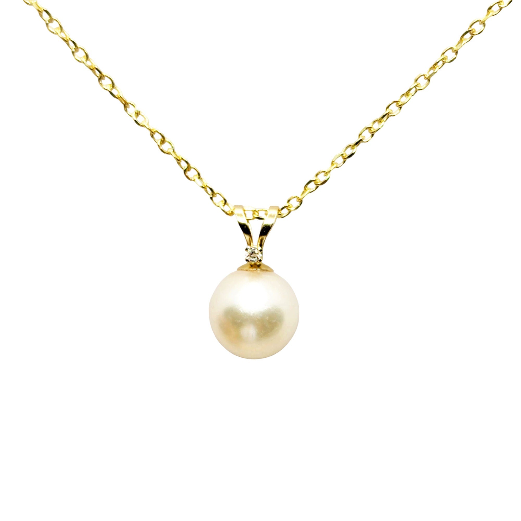 14K Gold Pearl Pendant Necklace, June Birthstone Cultured Pearl 6mm and Diamond Pendant, Dainty Minimalist Classic Necklace Gift for Her