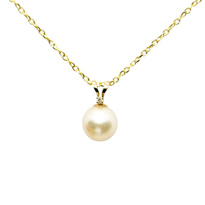 14K Gold Pearl Pendant Necklace, June Birthstone Cultured Pearl 6mm and Diamond Pendant, Dainty Minimalist Classic Necklace Gift for Her