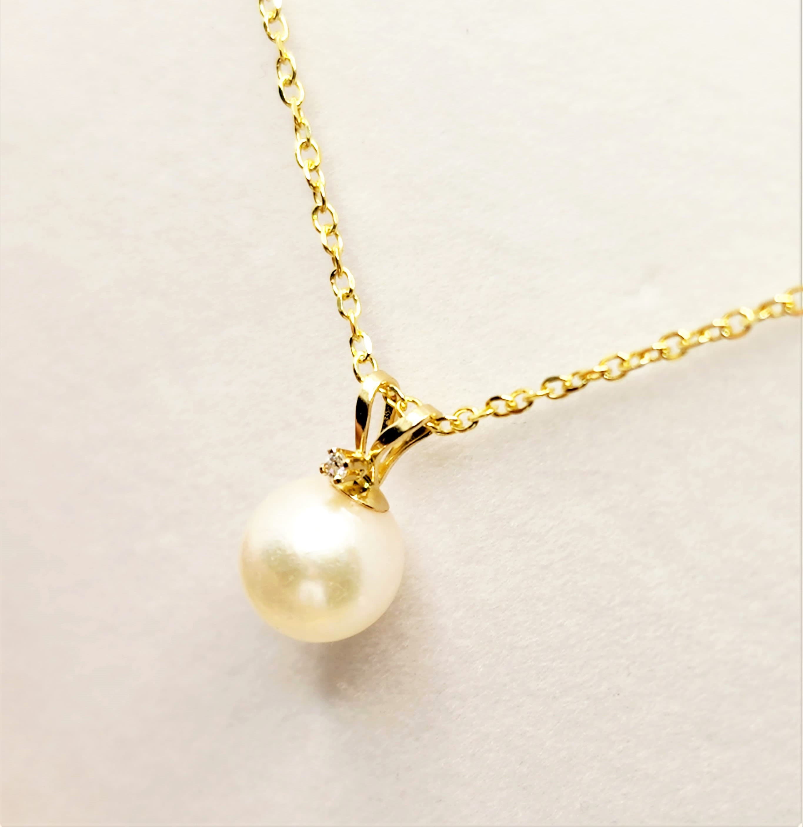 14K Gold Pearl Pendant Necklace, June Birthstone Cultured Pearl 6mm and Diamond Pendant, Dainty Minimalist Classic Necklace Gift for Her