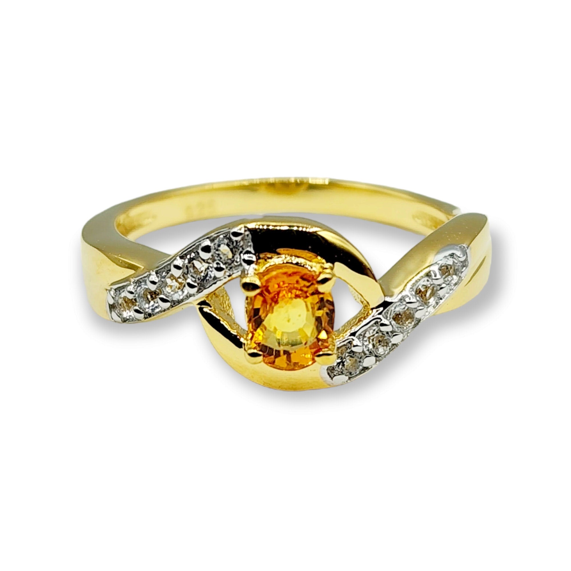 Sterling Silver Ring Set with Natural Orange Sapphire and White Sapphire, Gold-Plated Finish, Handcrafted Jewelry, Birthstone Jewelry Gift