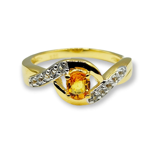 Sterling Silver Ring Set with Natural Orange Sapphire and White Sapphire, Gold-Plated Finish, Handcrafted Jewelry, Birthstone Jewelry Gift