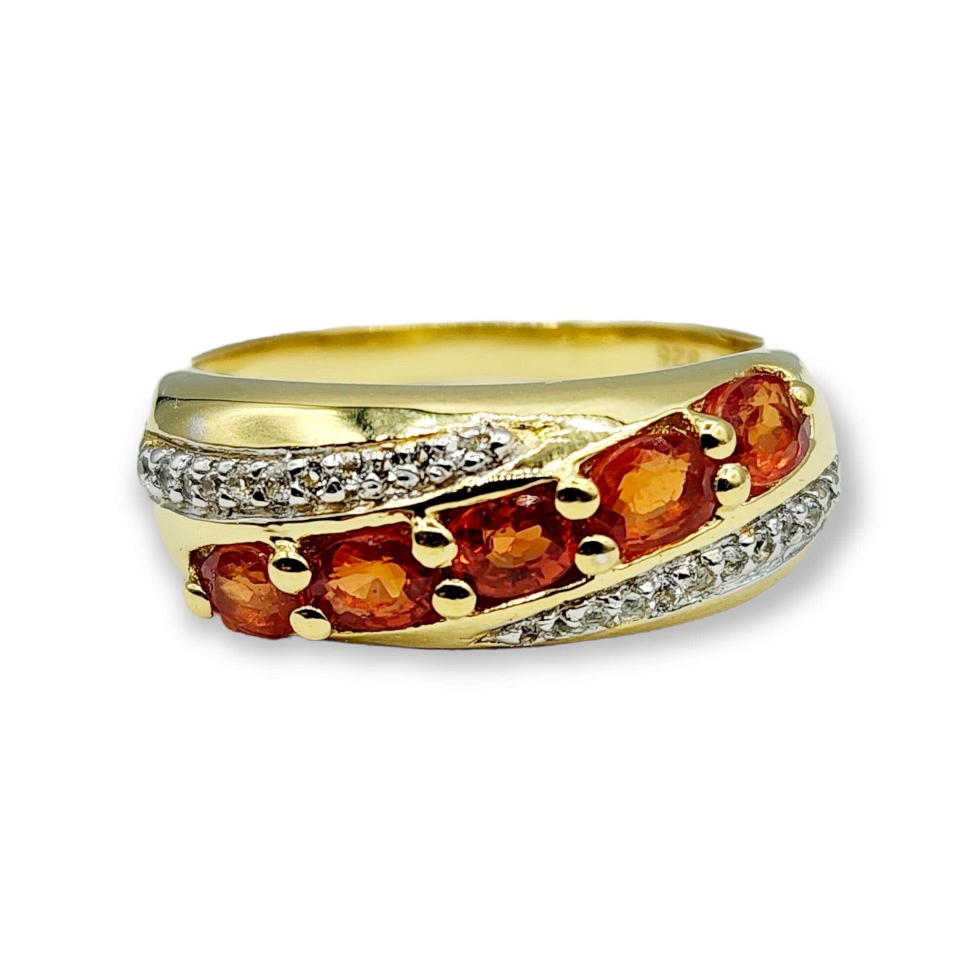 Sterling Silver Ring Set with Natural Orange Sapphire and White Sapphire, Gold-Plated Finish, Handcrafted Jewelry, Birthstone Jewelry Gift