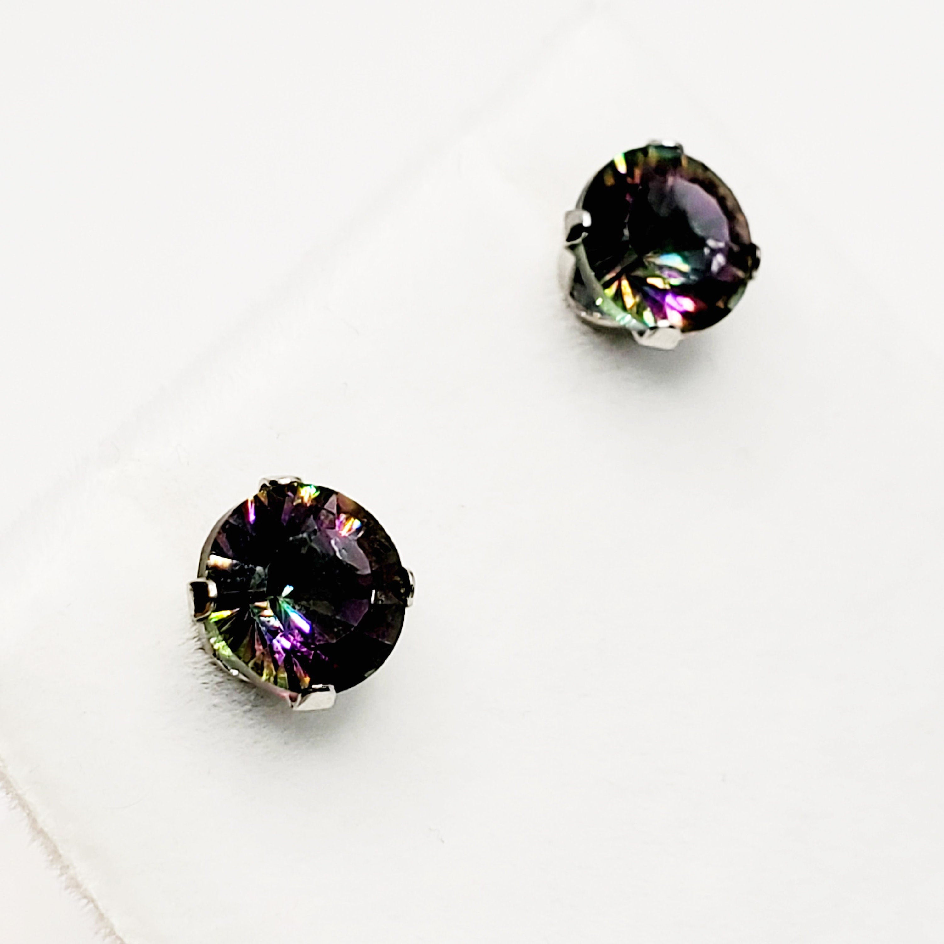 Gold Mystic Topaz Stud Earrings,  10K White Gold Mystic Topaz 6x6mm Stud Earrings For Women, Gemstone Earrings, Birthday Gift For Women