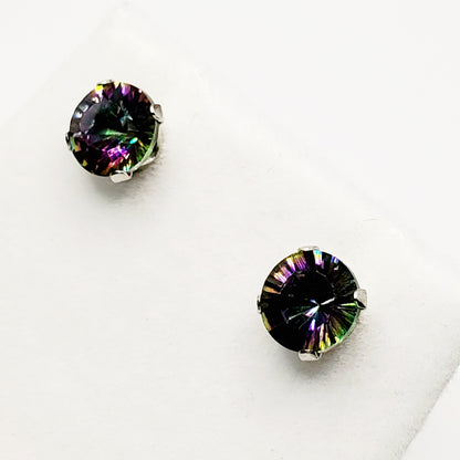 Gold Mystic Topaz Stud Earrings,  10K White Gold Mystic Topaz 6x6mm Stud Earrings For Women, Gemstone Earrings, Birthday Gift For Women
