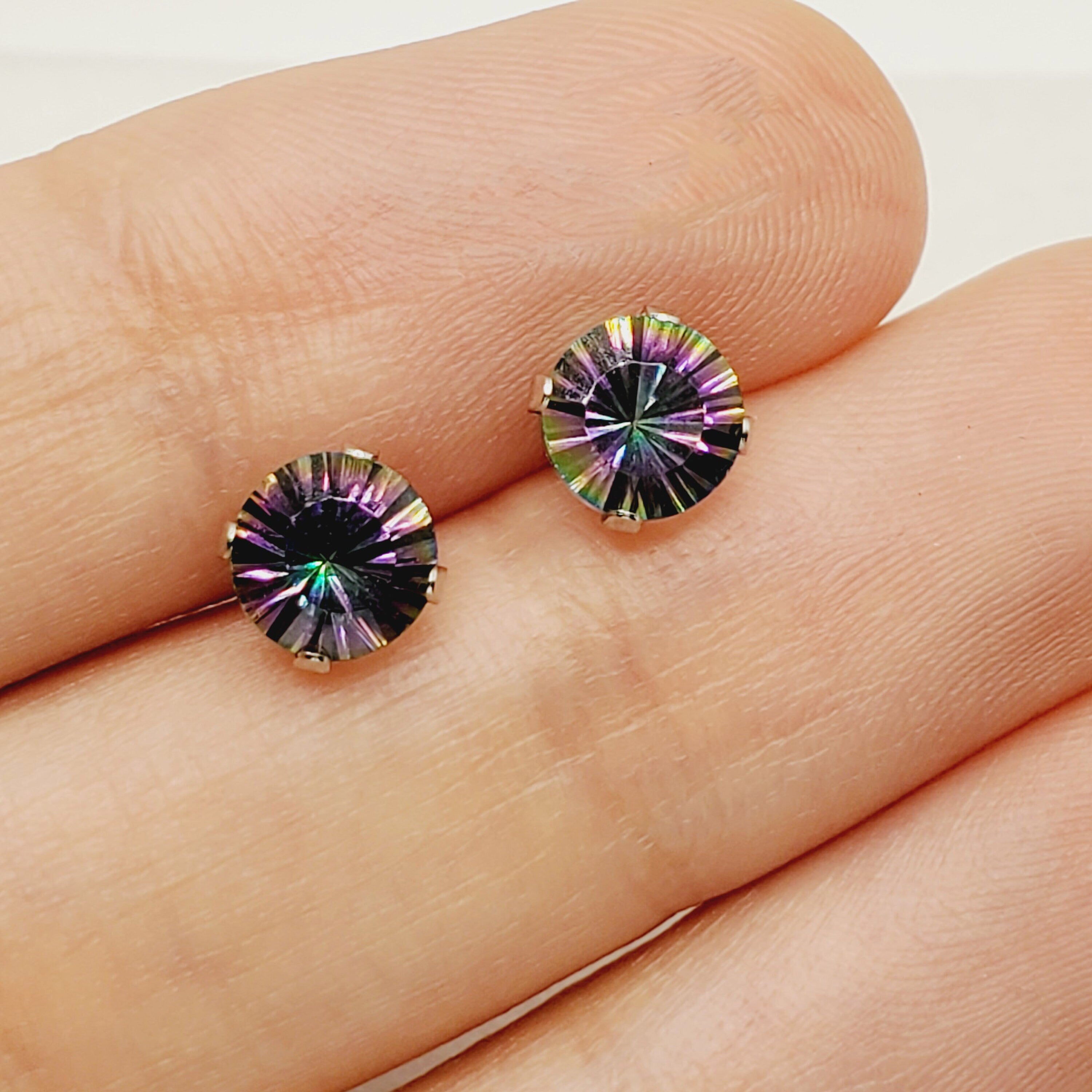 Gold Mystic Topaz Stud Earrings,  10K White Gold Mystic Topaz 6x6mm Stud Earrings For Women, Gemstone Earrings, Birthday Gift For Women