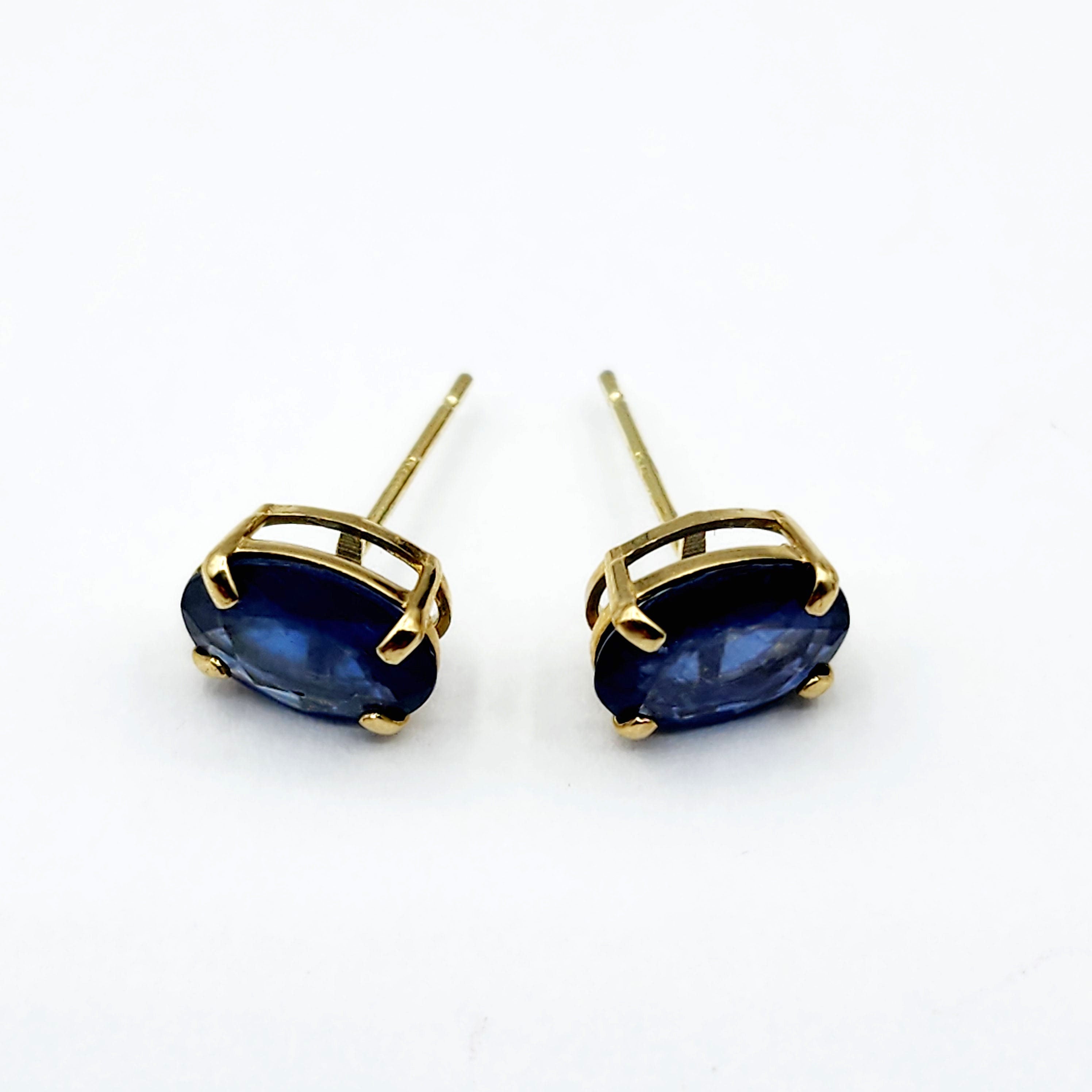 Gold Blue Sapphire Stud Earrings, 10K Yellow Gold Genuine Blue Sapphire 8x6mm Earrings, Gemstone Jewelry For Women, September Birthstone