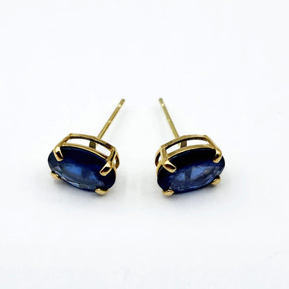 Gold Blue Sapphire Stud Earrings, 10K Yellow Gold Genuine Blue Sapphire 8x6mm Earrings, Gemstone Jewelry For Women, September Birthstone