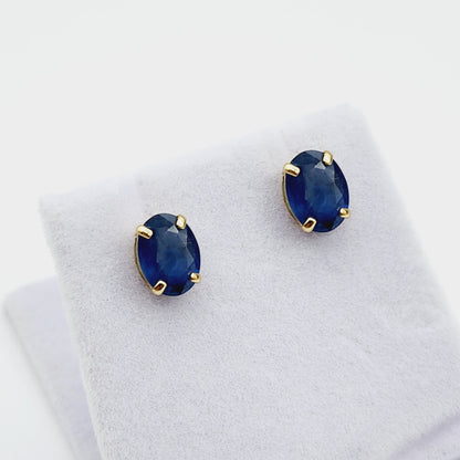 Gold Blue Sapphire Stud Earrings, 10K Yellow Gold Genuine Blue Sapphire 8x6mm Earrings, Gemstone Jewelry For Women, September Birthstone