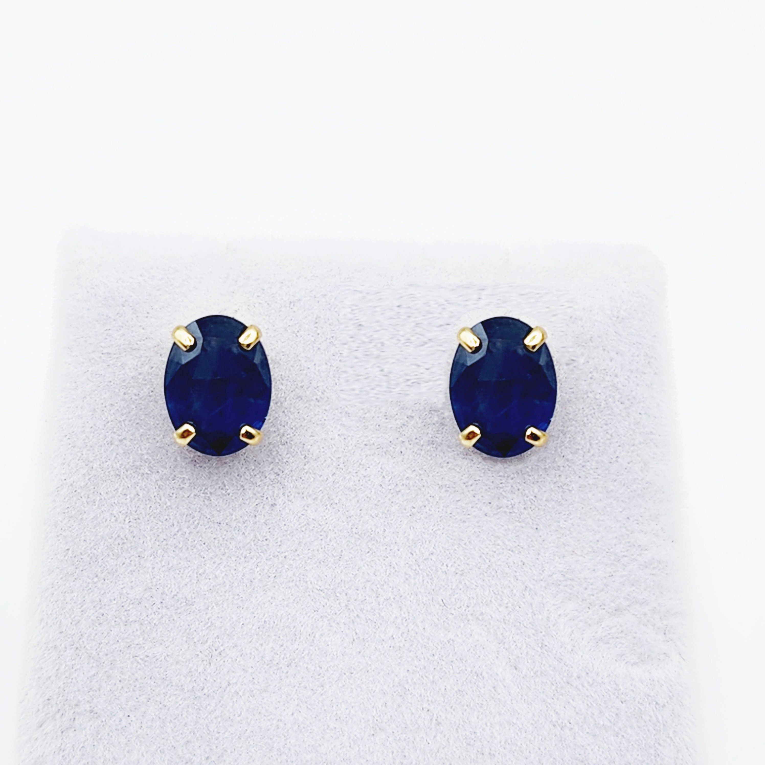 Gold Blue Sapphire Stud Earrings, 10K Yellow Gold Genuine Blue Sapphire 8x6mm Earrings, Gemstone Jewelry For Women, September Birthstone