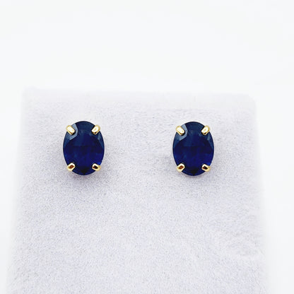 Gold Blue Sapphire Stud Earrings, 10K Yellow Gold Genuine Blue Sapphire 8x6mm Earrings, Gemstone Jewelry For Women, September Birthstone