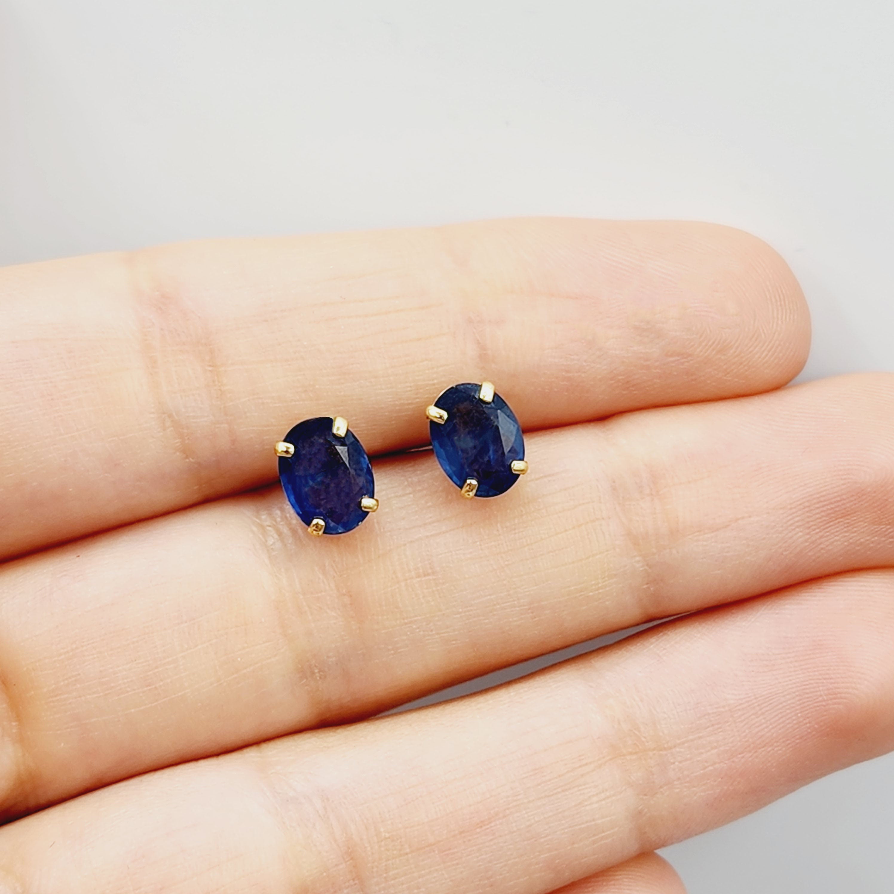 Gold Blue Sapphire Stud Earrings, 10K Yellow Gold Genuine Blue Sapphire 8x6mm Earrings, Gemstone Jewelry For Women, September Birthstone
