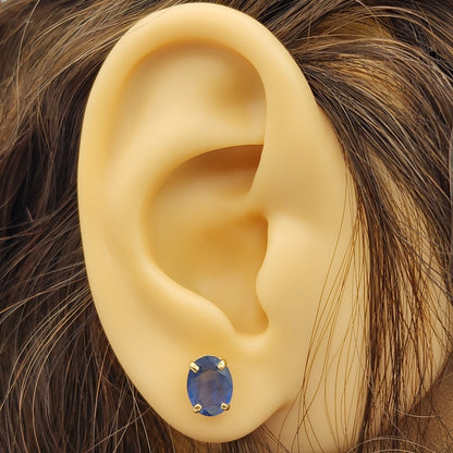 Gold Blue Sapphire Stud Earrings, 10K Yellow Gold Genuine Blue Sapphire 8x6mm Earrings, Gemstone Jewelry For Women, September Birthstone