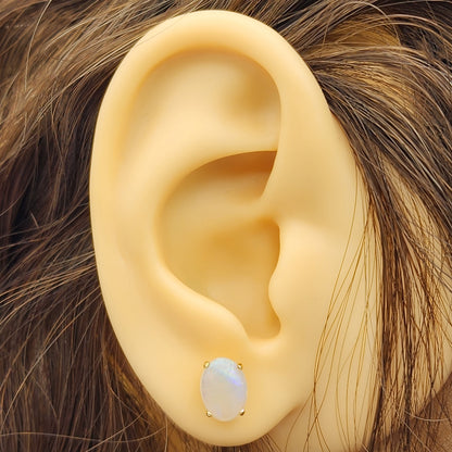 Gold Opal Stud Earrings, 10K Yellow Gold Genuine Opal 8x6mm Earrings, Gemstone Jewelry,  Earrings For Women, October Birthstone
