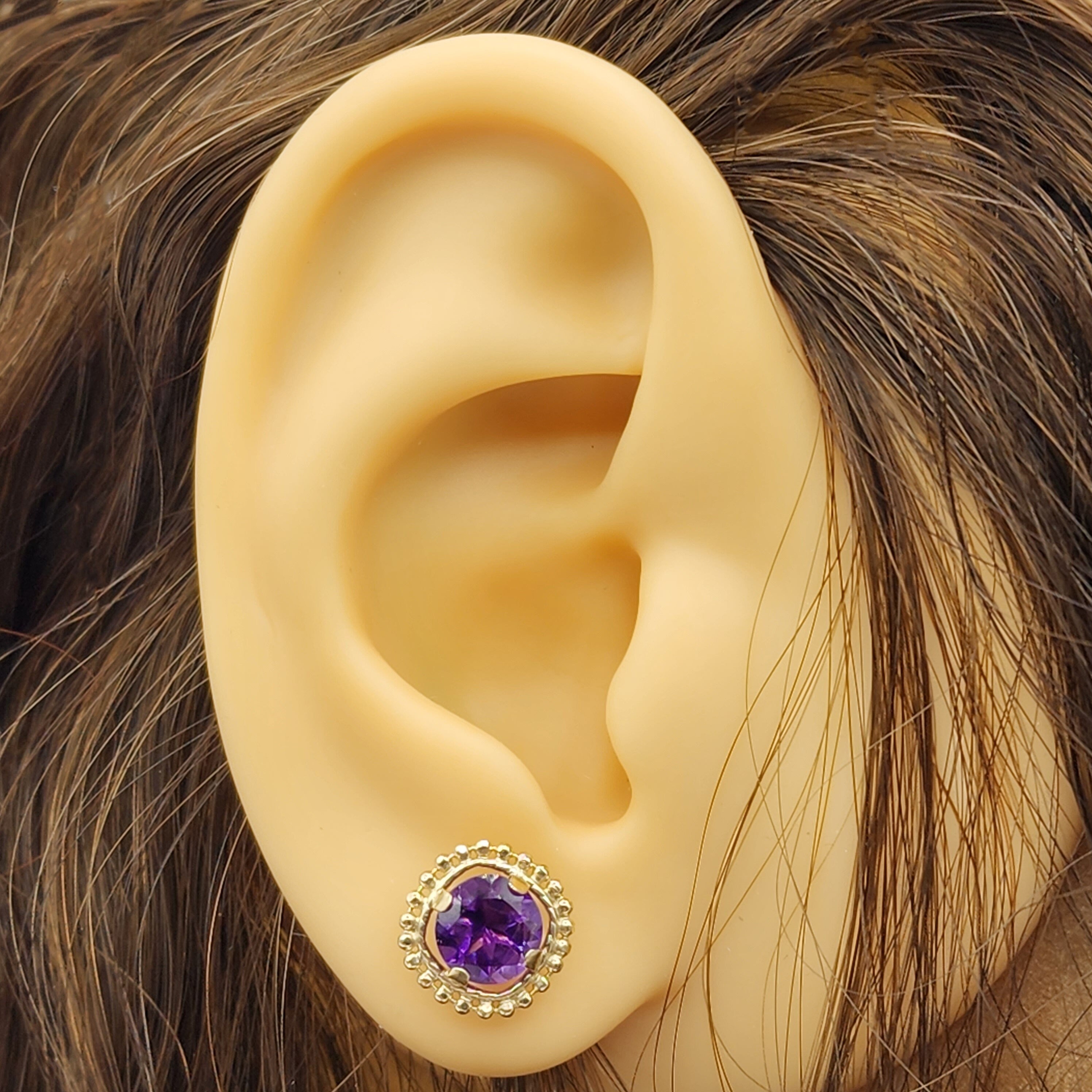 Gold Amethyst Earrings | 10K Yellow Gold Milgrain Design Genuine Amethyst 6x6mm Stud Earrings | Genuine Amethyst Earrings for Women