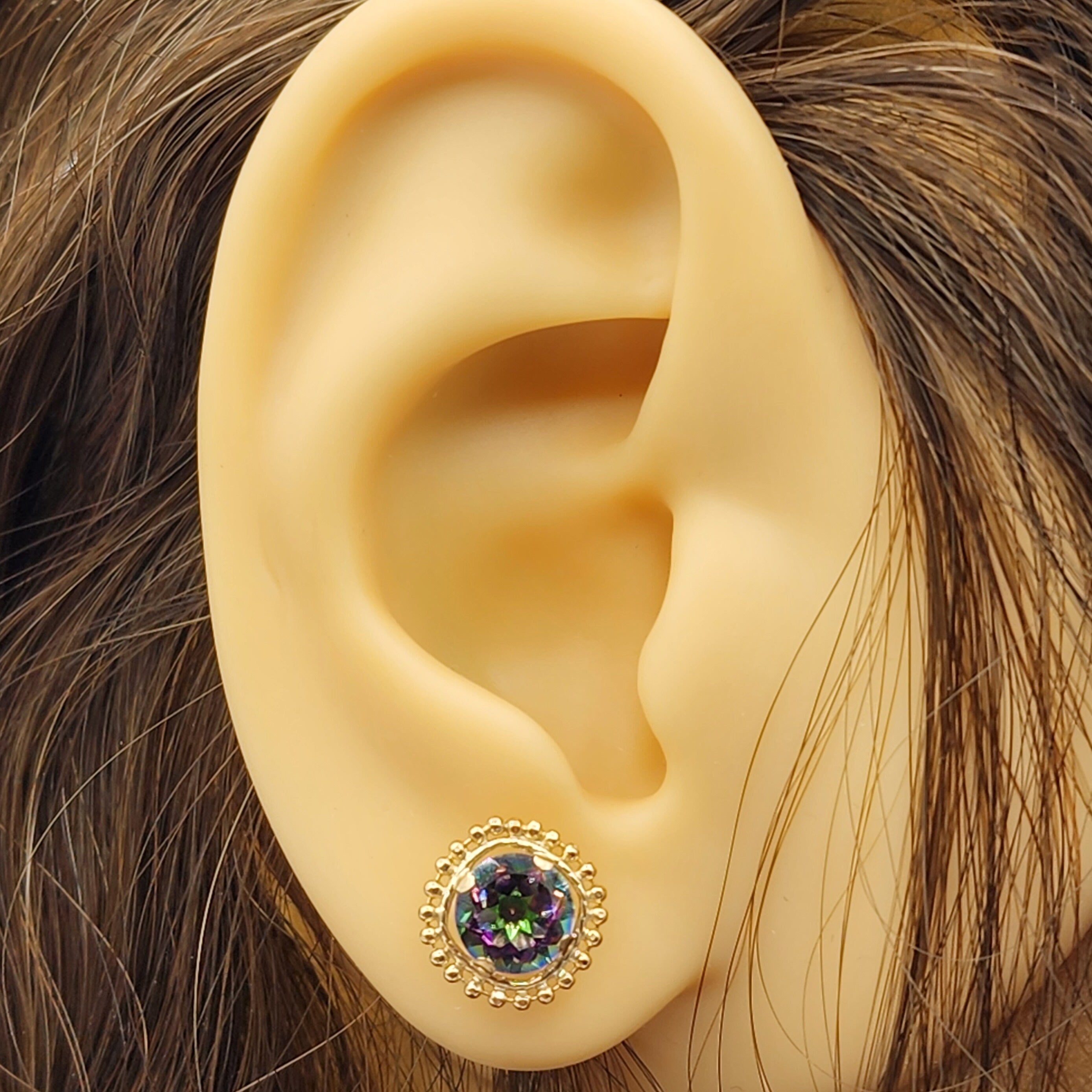 Gold Mystic Topaz Earrings, 10K Yellow Gold Milgrain Design Genuine Mystic Topaz 6x6mm Stud Earrings, Gemstone Versatile Earrings for Women