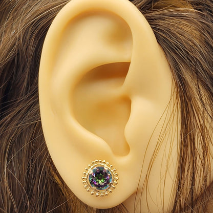Gold Mystic Topaz Earrings, 10K Yellow Gold Milgrain Design Genuine Mystic Topaz 6x6mm Stud Earrings, Gemstone Versatile Earrings for Women