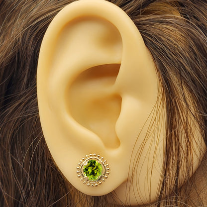 Gold Peridot Earrings, 10K Yellow Gold Milgrain Design Genuine Peridot 6x6mm Stud Earrings, Peridot Earrings for Women