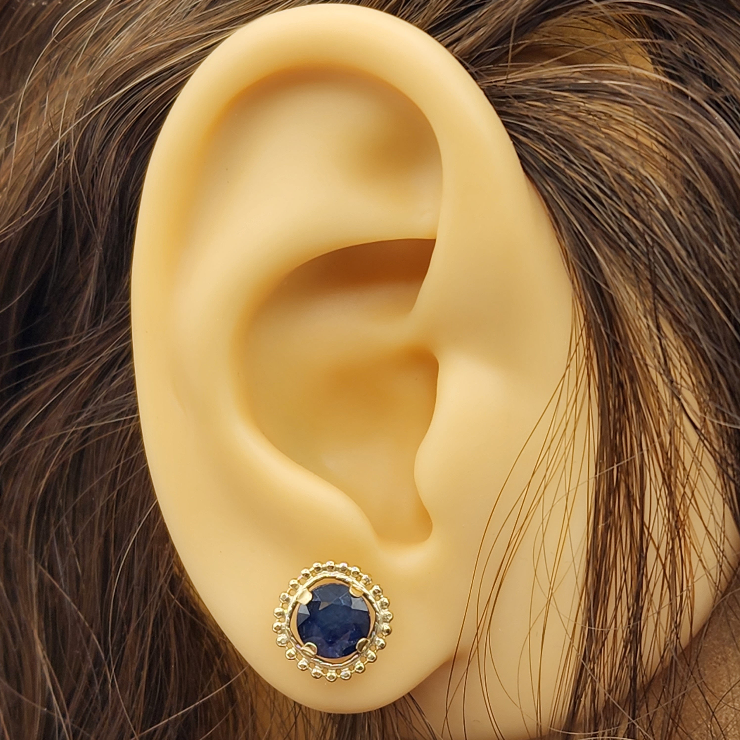 Gold Blue Sapphire Earrings, 10K Yellow Gold Milgrain Design Genuine Blue Sapphire 6x6mm Stud Earrings Birthstone Earrings for Women