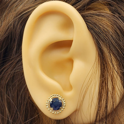 Gold Blue Sapphire Earrings, 10K Yellow Gold Milgrain Design Genuine Blue Sapphire 6x6mm Stud Earrings Birthstone Earrings for Women