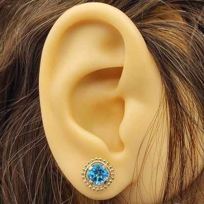 Gold Blue Topaz Earrings, 10K Yellow Gold Milgrain Design Genuine Blue Topaz 6x6mm Stud Earrings, Blue Topaz Earrings for Women