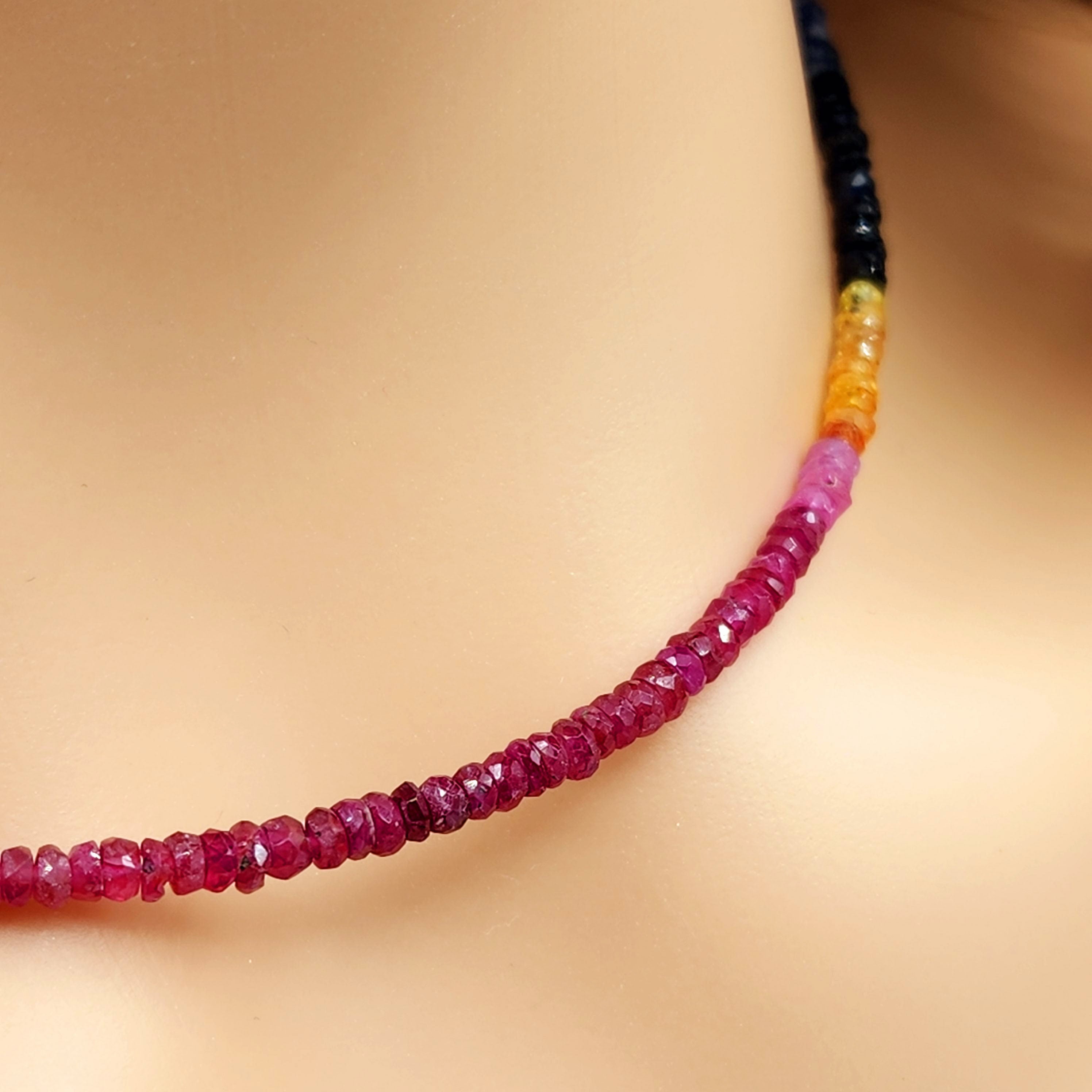 Multi Gemstone Bead Necklace, 925 Sterling Silver, Sapphire, Ruby, Emerald