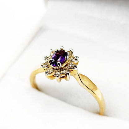 Gold Genuine Amethyst Ring, 10K Amethyst and Diamond Ring, Statement Ring, Birthstone Ring, Gift Rings For Women, Purple Ring for Gift