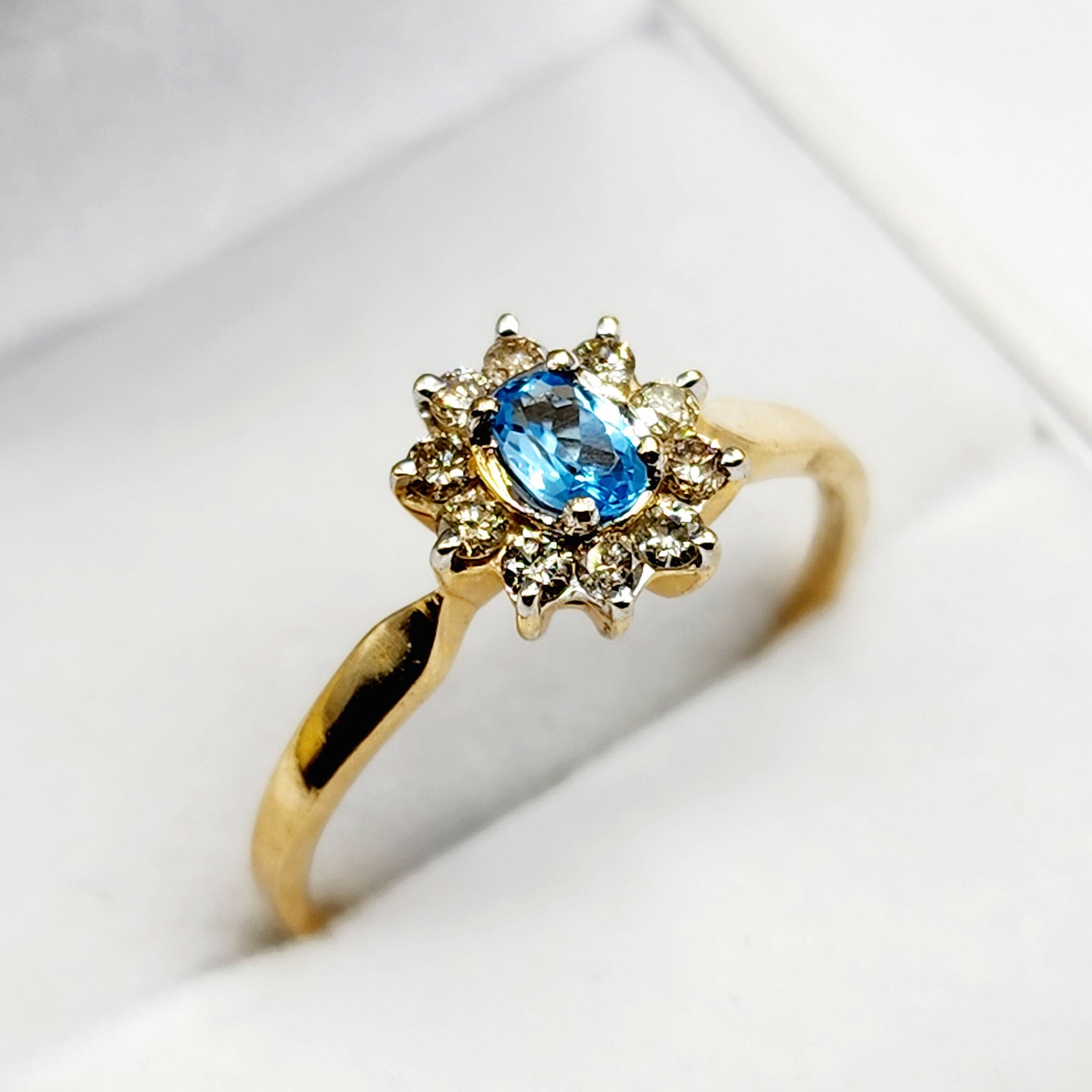 Gold Blue Topaz Ring, 10K Yellow Gold Blue Topaz 4x3mm and Diamond Ring, Rings For Women, December Birthstone Ring, Blue Gemstone Ring